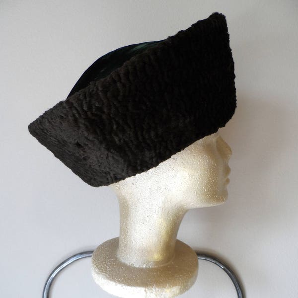 Vintage 1940's Brown Curly Lamb Cossack Style Hat* Green Velvet Top Forties Hat Winter Hat Military Look Rare Classic Original One of Kind