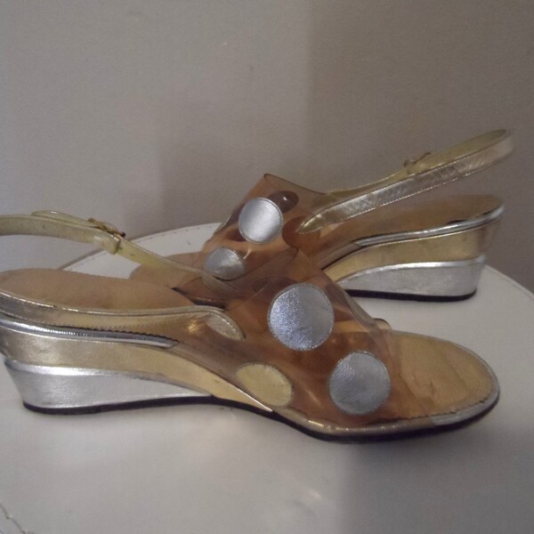 Vintage 1970's Metallic Gold & Silver Wedge Sandals* AMANO . Leather and Clear Plastic . Size 8 1/2 Narrow . Party . Prom . Wedding .