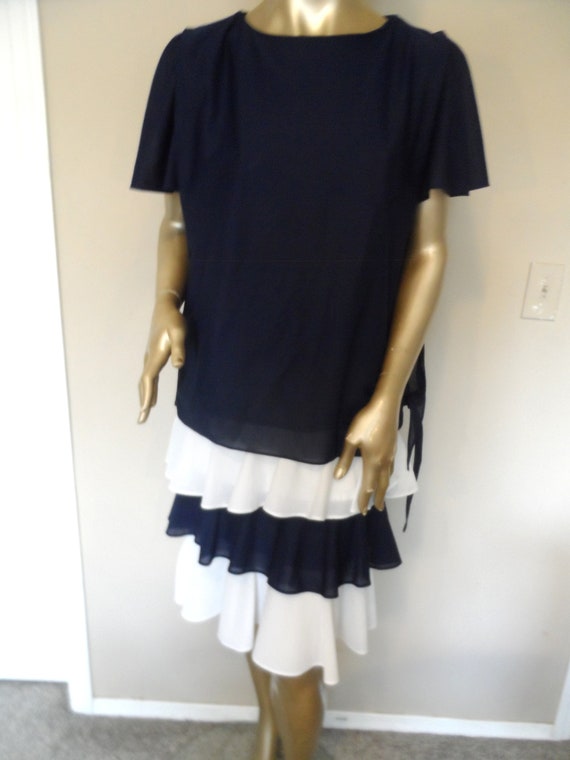 1980's Navy Blue & White Dress* Size 12 . Tiered … - image 8