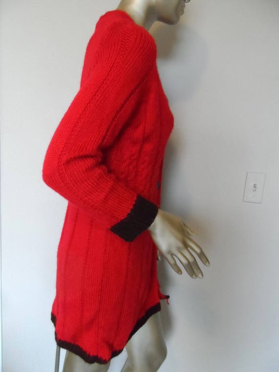 Vintage Hand Knitted Red SweaterDress/Coat* Size … - image 6