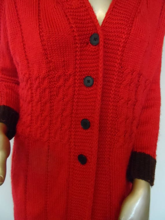 Vintage Hand Knitted Red SweaterDress/Coat* Size … - image 7
