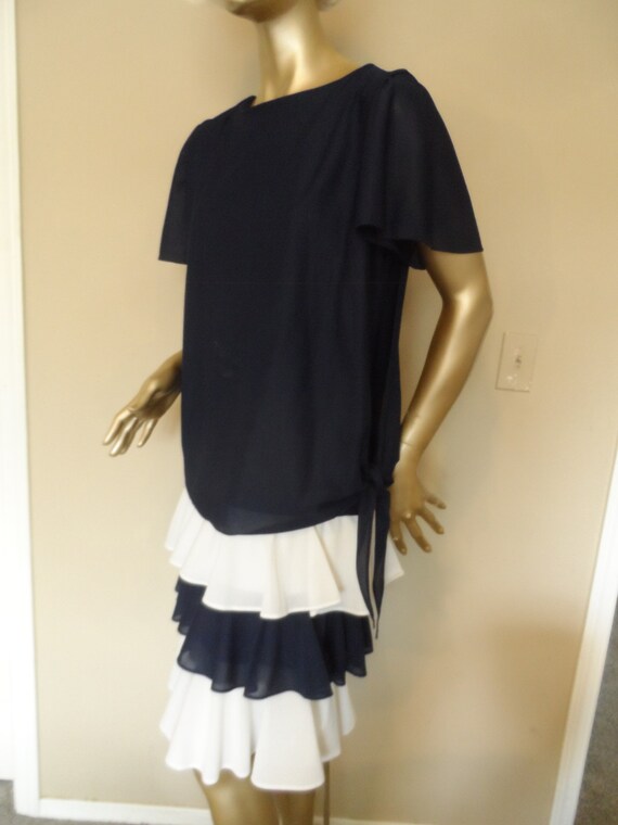 1980's Navy Blue & White Dress* Size 12 . Tiered … - image 6