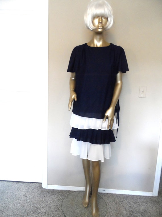 1980's Navy Blue & White Dress* Size 12 . Tiered … - image 1