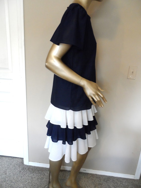 1980's Navy Blue & White Dress* Size 12 . Tiered … - image 4