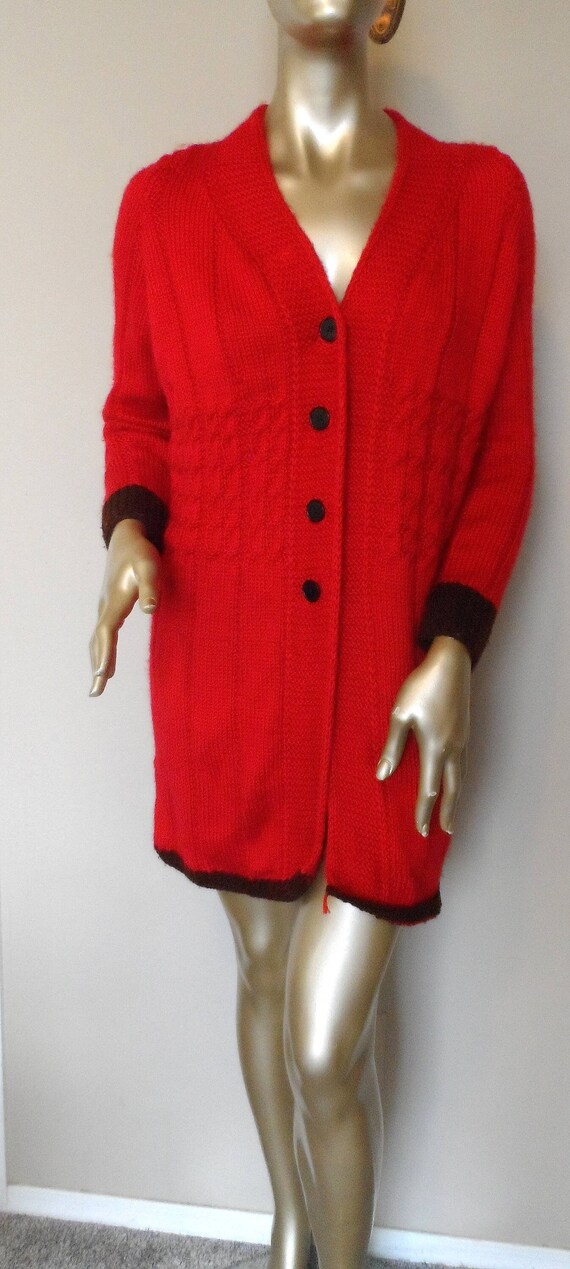 Vintage Hand Knitted Red SweaterDress/Coat* Size … - image 1