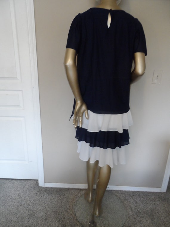 1980's Navy Blue & White Dress* Size 12 . Tiered … - image 3