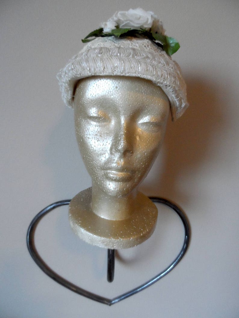 Rare Mid century WW II Prom Vintage 1930/'s-1940/'s Summer Hat* Cream Lace /& Silk Roses Party Wedding Very Unusual Retro