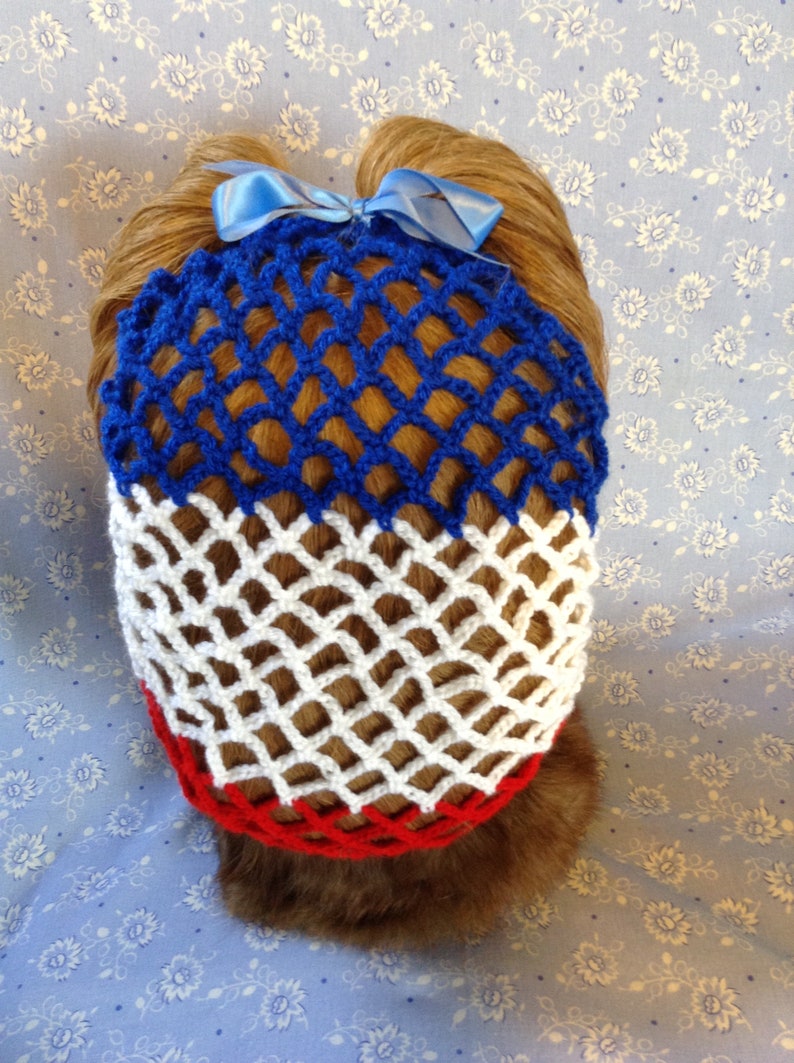 Thicker crochet snoodhairnet with ribbon in red,white /& blue