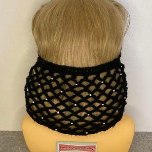 NEW !! Beaded thicker handmade half snood crochet snood /hairnet/filet à cheveux in black with shiny grey beads.