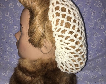 Thicker handmade crochet snood/hairnet/filet à cheveux with ribbon in cream