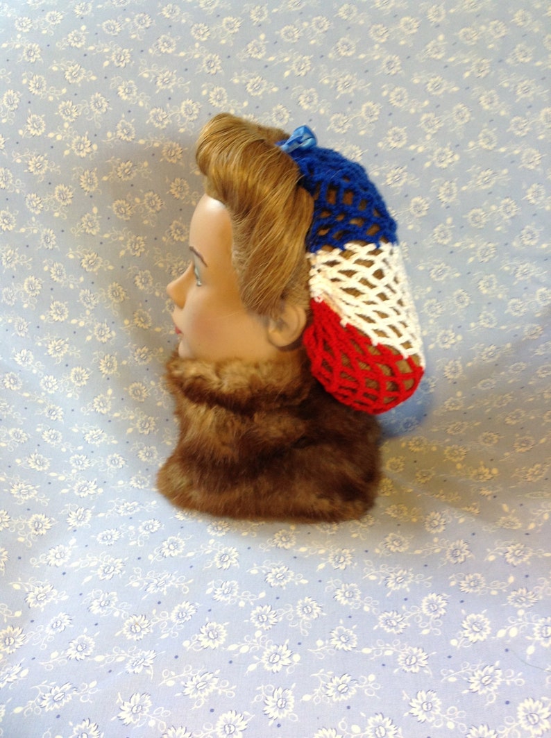Thicker crochet snoodhairnet with ribbon in red,white /& blue