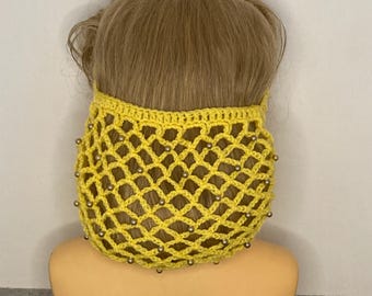 Beaded thicker handmade crochet half snood/hairnet/filet a cheveux in yellow with light brown shiny beads.