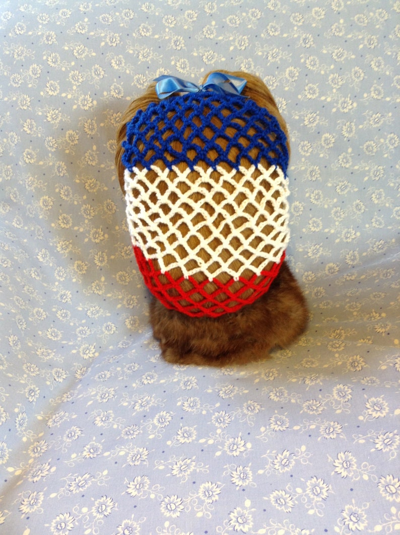 Thicker crochet snoodhairnet with ribbon in red,white /& blue