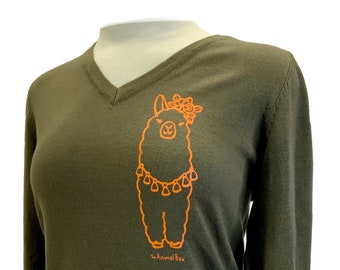 Llama Sweater Olive w\ Orange Ink