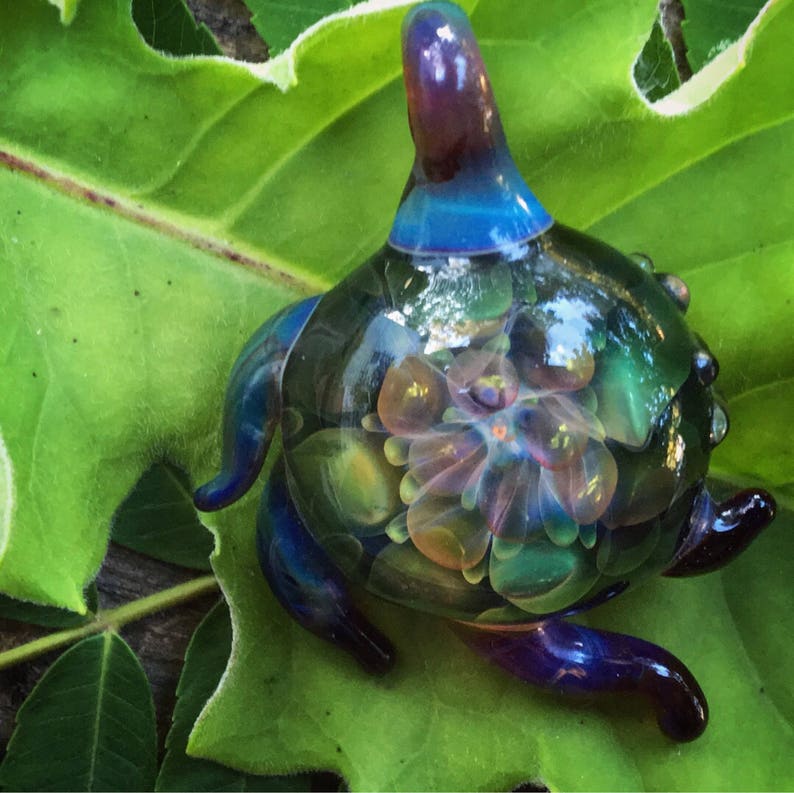 Color changing Green and Gold Glass Pendant. Handblown Etsy