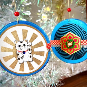 Handmade Lucky Cat Ornament, Large Double-Sided Neko Kitty with Gift Box