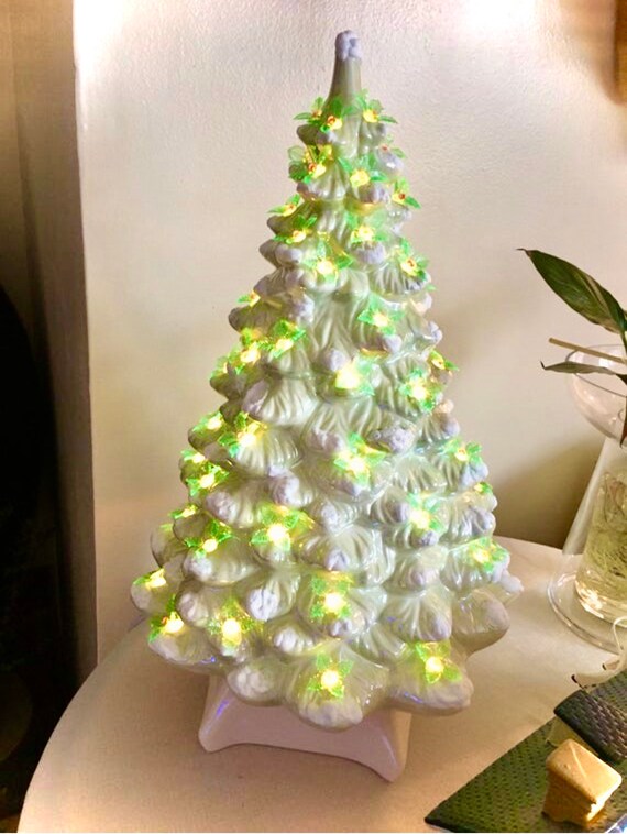 Ceramic Christmas Tree with Cardinal Lights - Green