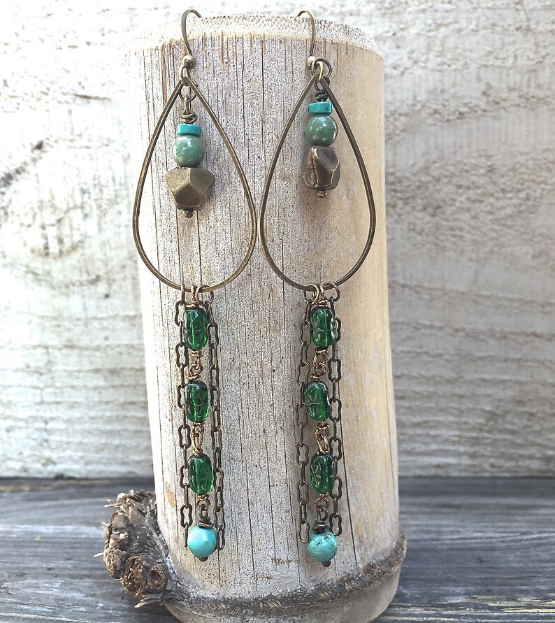 Bronze Teardrop Hoop Earrings Green and Turquoise Rosary Chain Vintage Brass Czech Glass Vintage Beads Long Dangle Statement Earrings