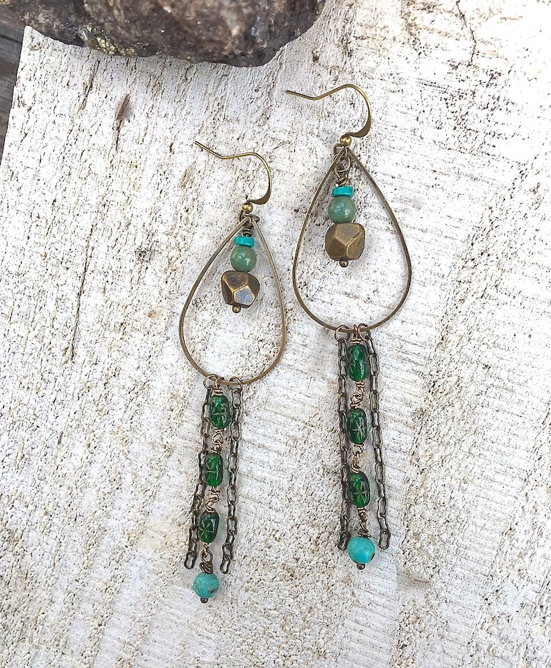 Bronze Teardrop Hoop Earrings Green and Turquoise Rosary Chain Vintage Brass Czech Glass Vintage Beads Long Dangle Statement Earrings