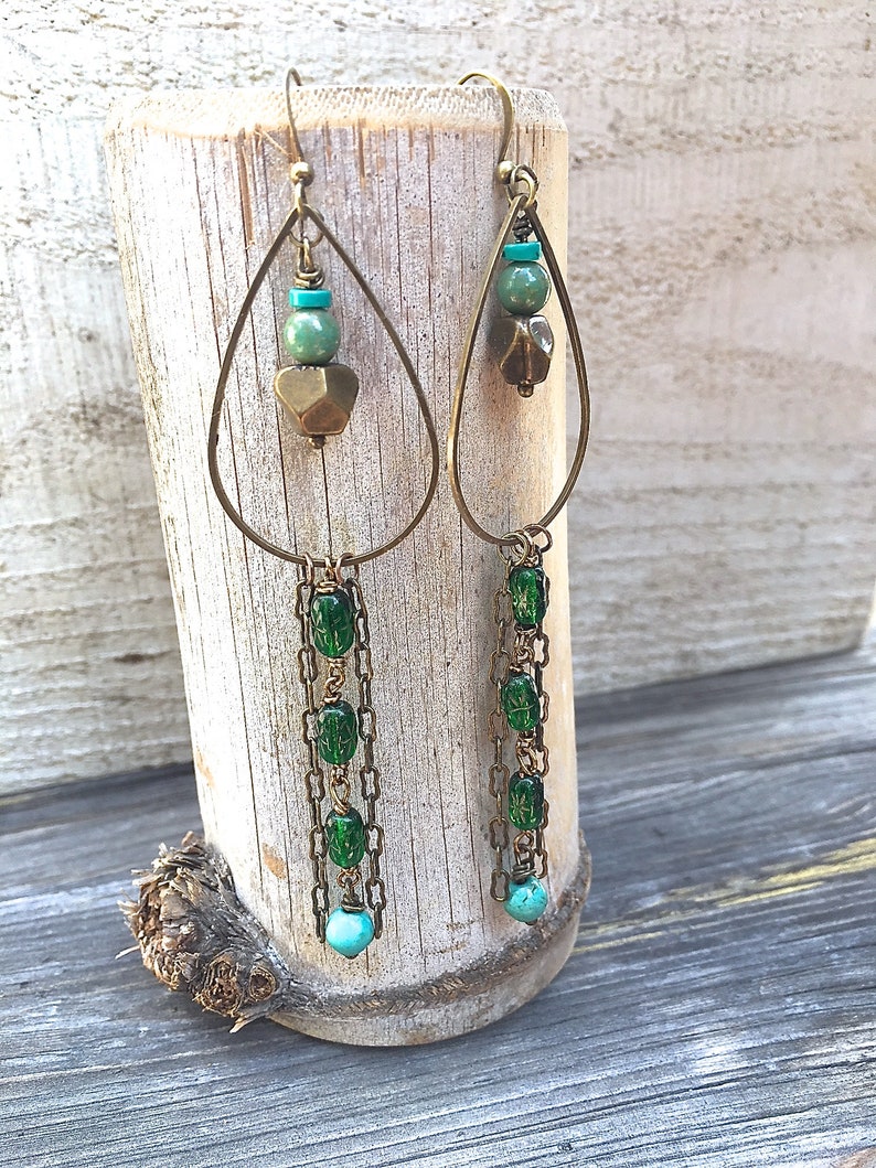 Bronze Teardrop Hoop Earrings Green and Turquoise Rosary Chain Vintage Brass Czech Glass Vintage Beads Long Dangle Statement Earrings