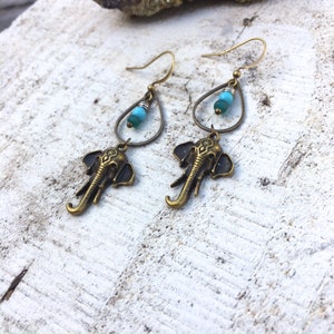 Antique Bronze Elephant Earrings Turquoise Earrings Tibetan Jewelry Small Teardrop Earrings Tribal Earrings Gift For Animal Lover