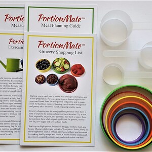 May include: Portion Mate meal planning guide and grocery shopping list with colorful measuring cups and bowls. The guide includes tips for healthy eating and grocery shopping.