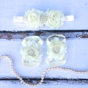 Baby Headband and Barefoot Sandal Set, Ivory Headband Set, Ivory Barefoot Sandals, Shabby Chic Headband Set, Shabby Chic Barefoot Sandals