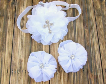 White Baptism Barefoot Sandal Set,White Baptism Headband,Christening Headband,Cross Headband, Baptism Headband,White Barefoot Sandals