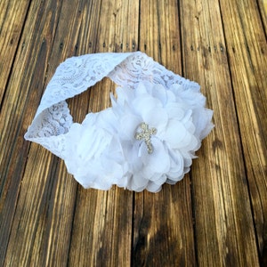 Baptism Headband,  Christening Headband, Cross Headband, White Headband, Lace Headband, Baby Headband, Christening Bow, White Baptism Bow