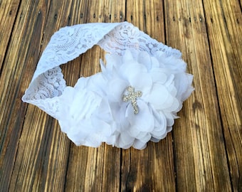 Baptism Headband,  Christening Headband, Cross Headband, White Headband, Lace Headband, Baby Headband, Christening Bow, White Baptism Bow