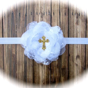 Cross Headband, Gold Cross Headband, Baptism Headband, Christening Headband, White Baptism Headband, White Christening Headband, Baptism Bow
