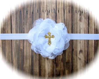 Cross Headband, Gold Cross Headband, Baptism Headband, Christening Headband, White Baptism Headband, White Christening Headband, Baptism Bow