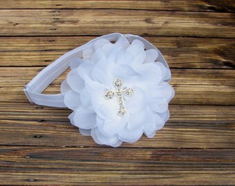 Baptism Headband,Christening Headband, White Baptism Headband,White Christening Headband,Cross Headband,White Headband with Cross, Headband