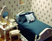Luxury Bedding Set - 1 12th Dollhouse Double bedding - Beautiful Velvet - Handmade - 5 pieces - Bottle Green Duck Egg Blue Ivory - Unique.