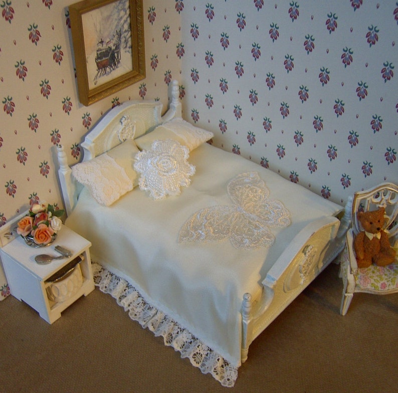 Dollhouse Bedding Luxury Set 1 12 Scale Four Piece Double Bed Pale Cream Ivory Handmade Pauline Whiteley Unique Item