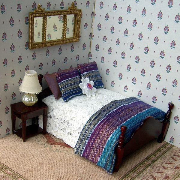SALE.Luxury double bedding set for a dollhouse miniature bed. 1/12 scale. 6 piece set. Standard bed/ footboard. Rich colours. Heavy lace.
