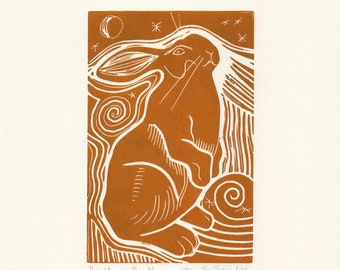The Hare and the Moon - Lino Print by Jennifer Rampling