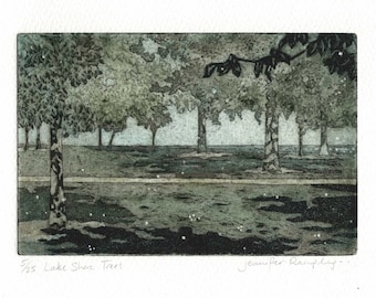 Lake Shore Trees - Tree Etching by Jennifer Rampling