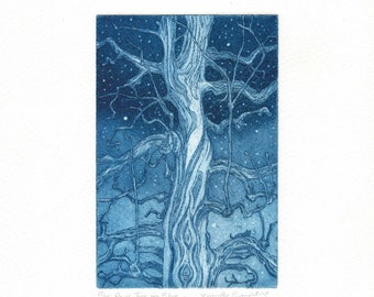 Etching of a Tree - 'Paris Tree in Blue' an etching by Jennifer Rampling