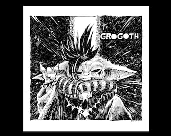 GROGOTH, 1/1 Original Tuschezeichnung von Buzz Parker Star Wars Mandalorian Grogu Aliens Mando Petro Pascal Skywalker Empire Western Lil Buddy