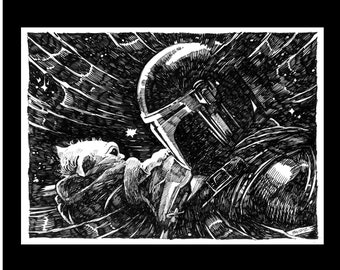 Together Again, 1/1 Original Ink Drawing by Buzz Parker Star Wars Mandalorian Grogu Aliens Mando Pedro Pascal Skywalker Empire Western