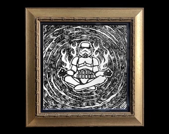 Zen Trooper Tuschezeichnung, Star Wars Zeichnung im Vintage-Goldrahmen