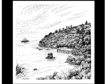 Trinidad Pier Tuschezeichnung Kunstdruck, Humoltation County Küstenszene