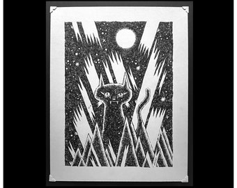 Moon Patrol #1/1 Original 11x14 Ink Drawing by Buzz Parker Mischief Mountains Loner Kitty On Patrol