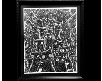 Original Tuschezeichnung: Backyard Cats Gang - Buzz Parker Art (11x14 mit Rahmen)