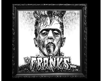 The Franks 1/1 Original 11x11 Framed Ink Drawing by Buzz Parker The Cramps Lux Interior Frankenstein Monster Frontman Psychobilly Gothabilly