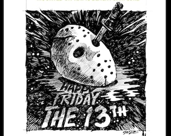 Jason Vorhees Tuschezeichnung: Freitag der 13te Horror Malerei, 8x10 Original