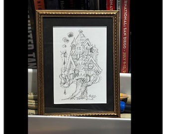 Original Pencil Drawing: Miniature Mansions 18 Art by Buzz Parker Victorian Treehouse Escape Home Tree Home