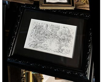 Original Pencil Drawing: Miniature Mansions 13 Art by Buzz Parker Victorian Treehouse Escape Home Tree Home