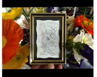 Original Pencil Drawing: Miniature Mansions 17 Art by Buzz Parker Victorian Treehouse Escape Home Tree Home